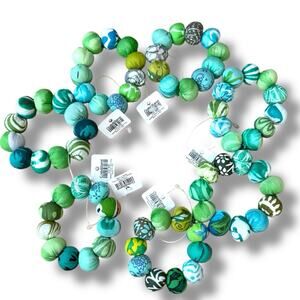 Set of 6 Crate & Barrel Sassari Green Blue Fabric Napkin Ring Boho Discontinued